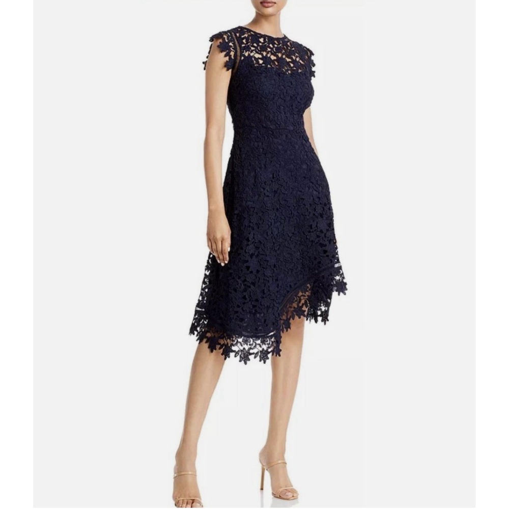 Eliza J Size 12 Navy Blue Fit Flare Cocktail Dress Lace Asymmetric Hem